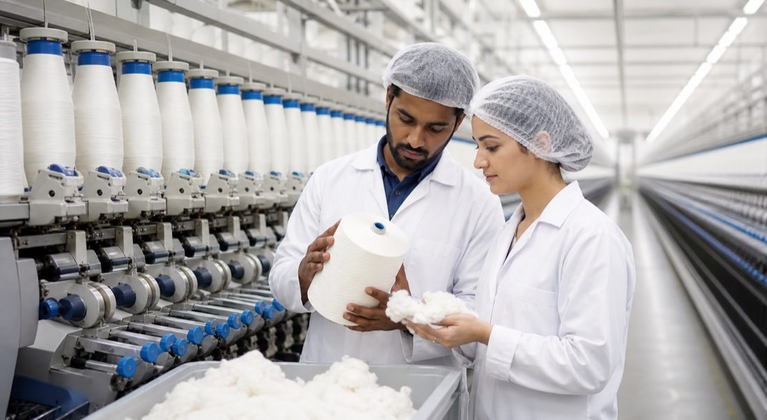 Cotton being evaluated inside a modern spinning mill