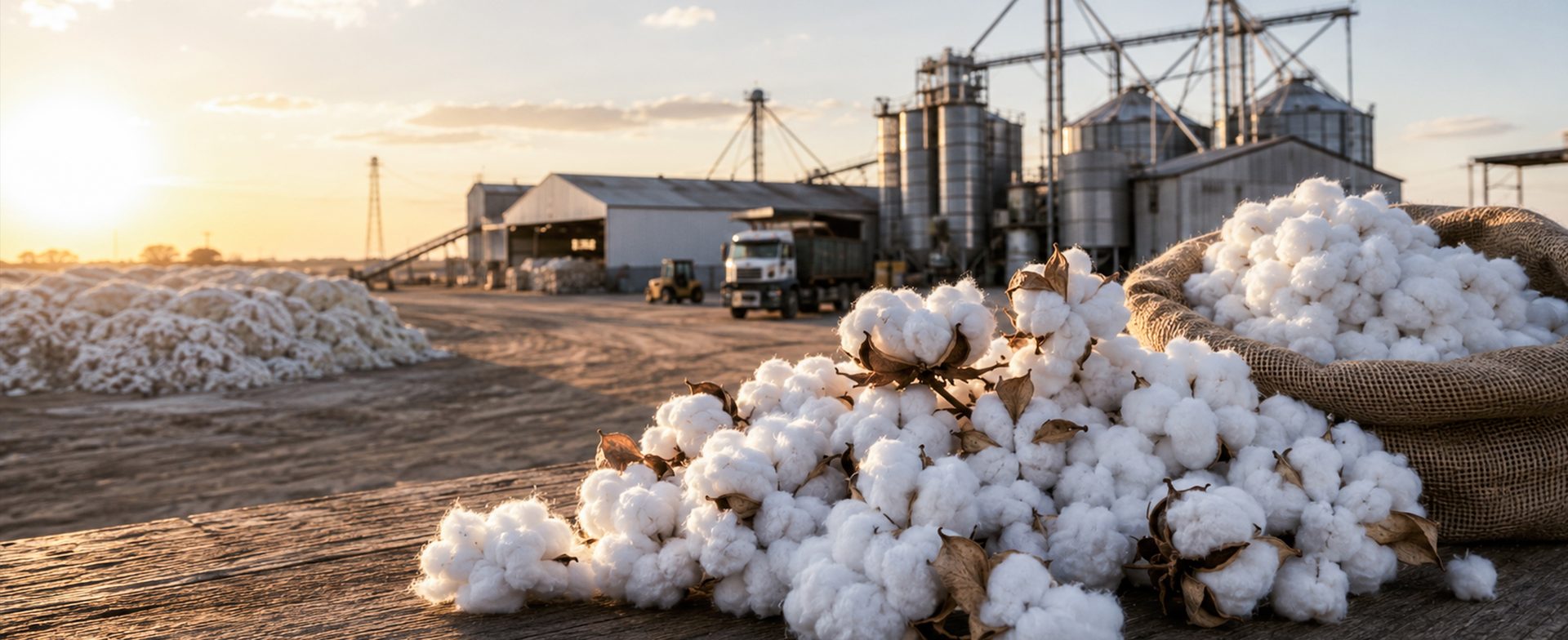 Cotton beside a processing and storage facility at sunset