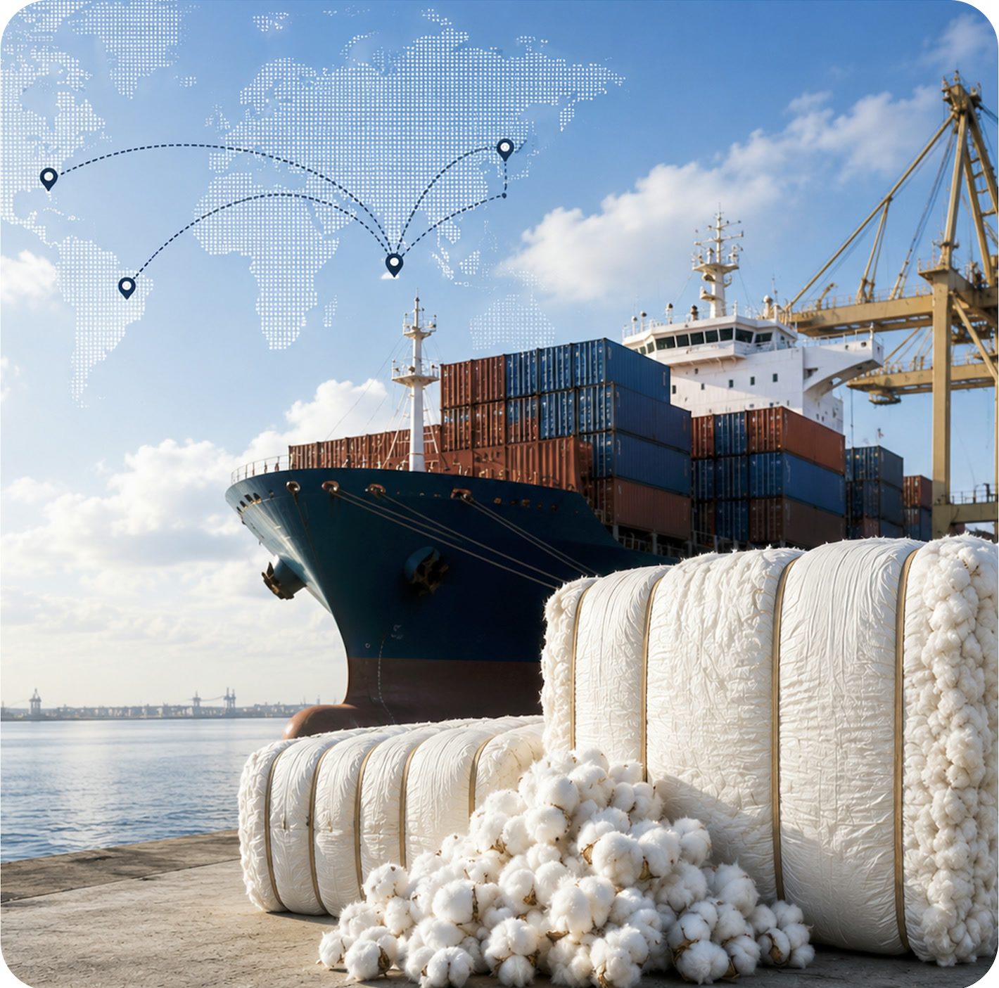 Cotton bales at a port beside a container ship and an international trade map