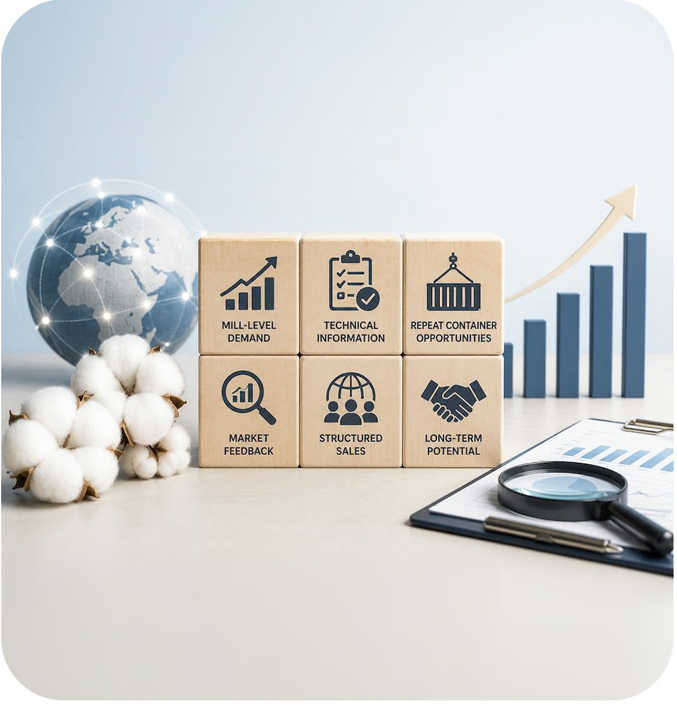 Cotton, export-demand information blocks, a globe and a rising market chart