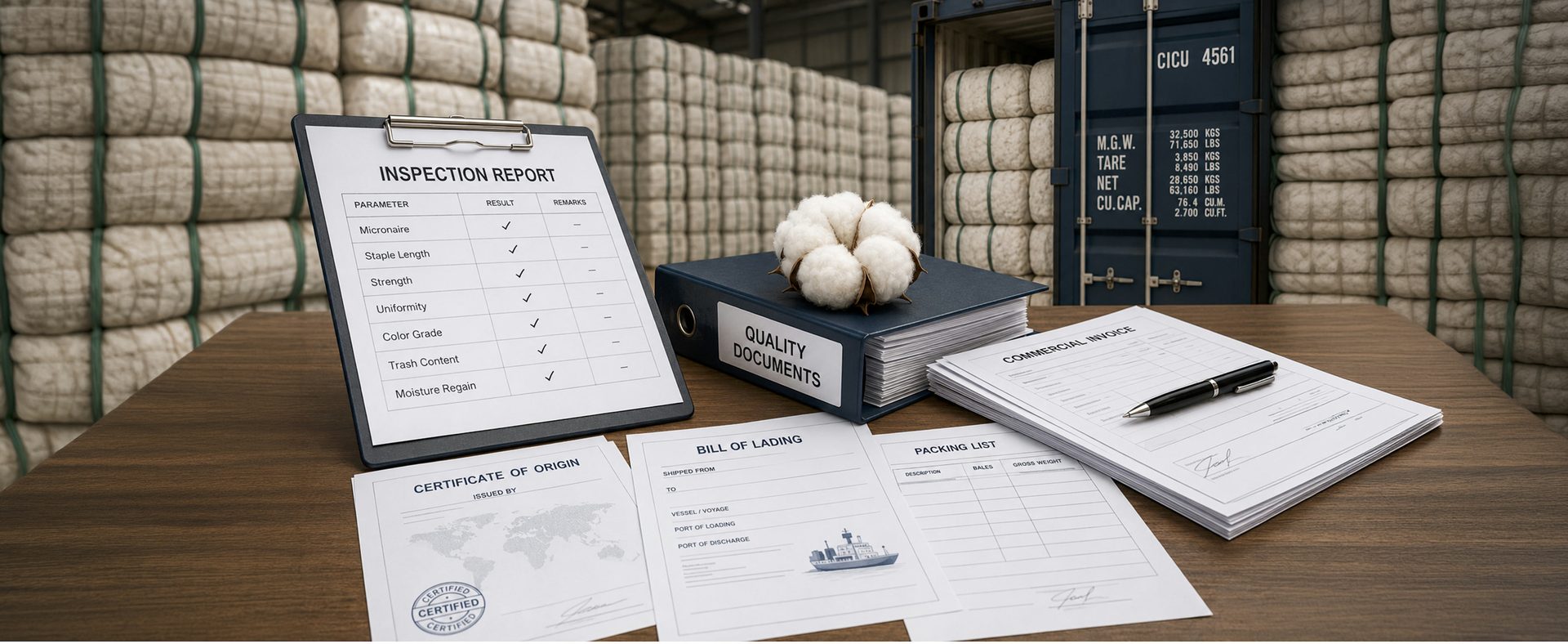 Cotton inspection report, quality records and commercial shipment documents in a cotton warehouse