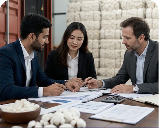Cotton suppliers and buyers discussing commercial trade terms
