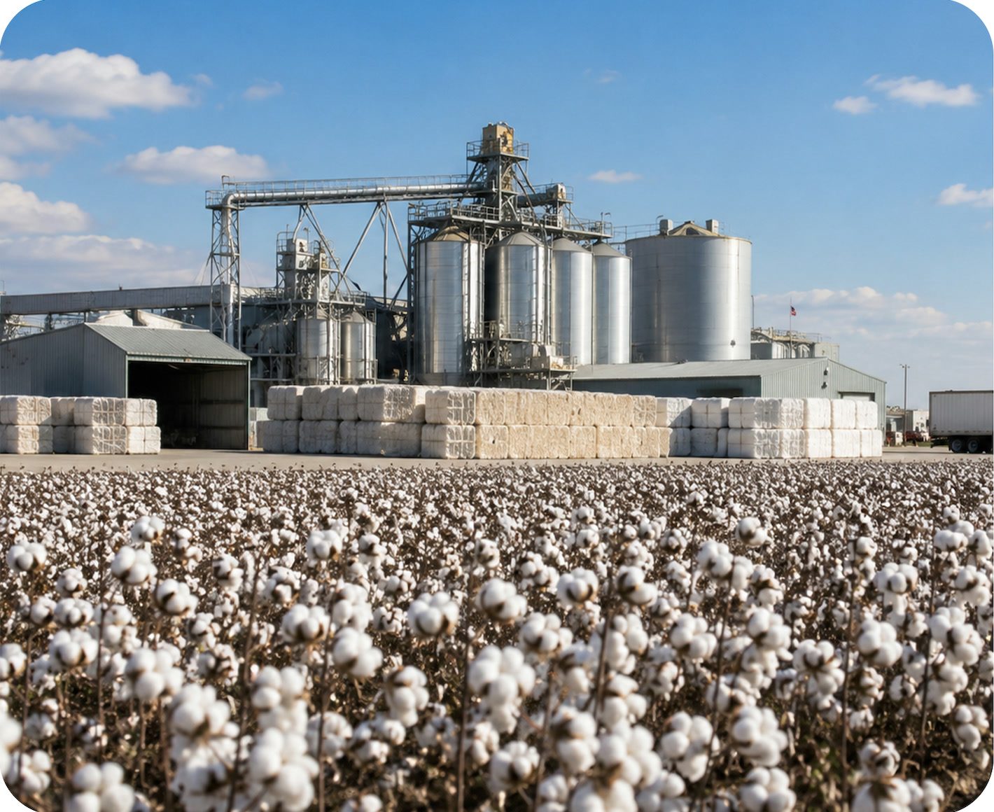 U.S. cotton field in front of a modern cotton processing and storage facility