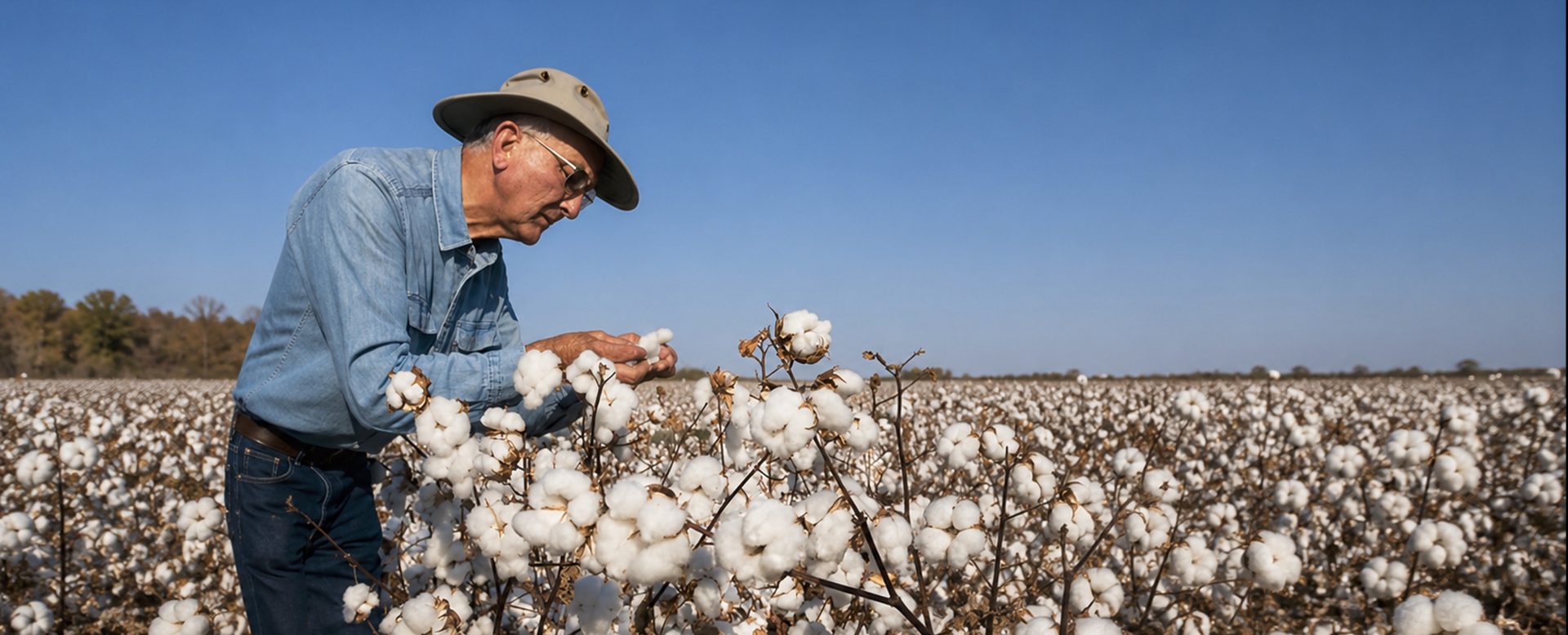 Cotton producer inspecting mature cotton in a field