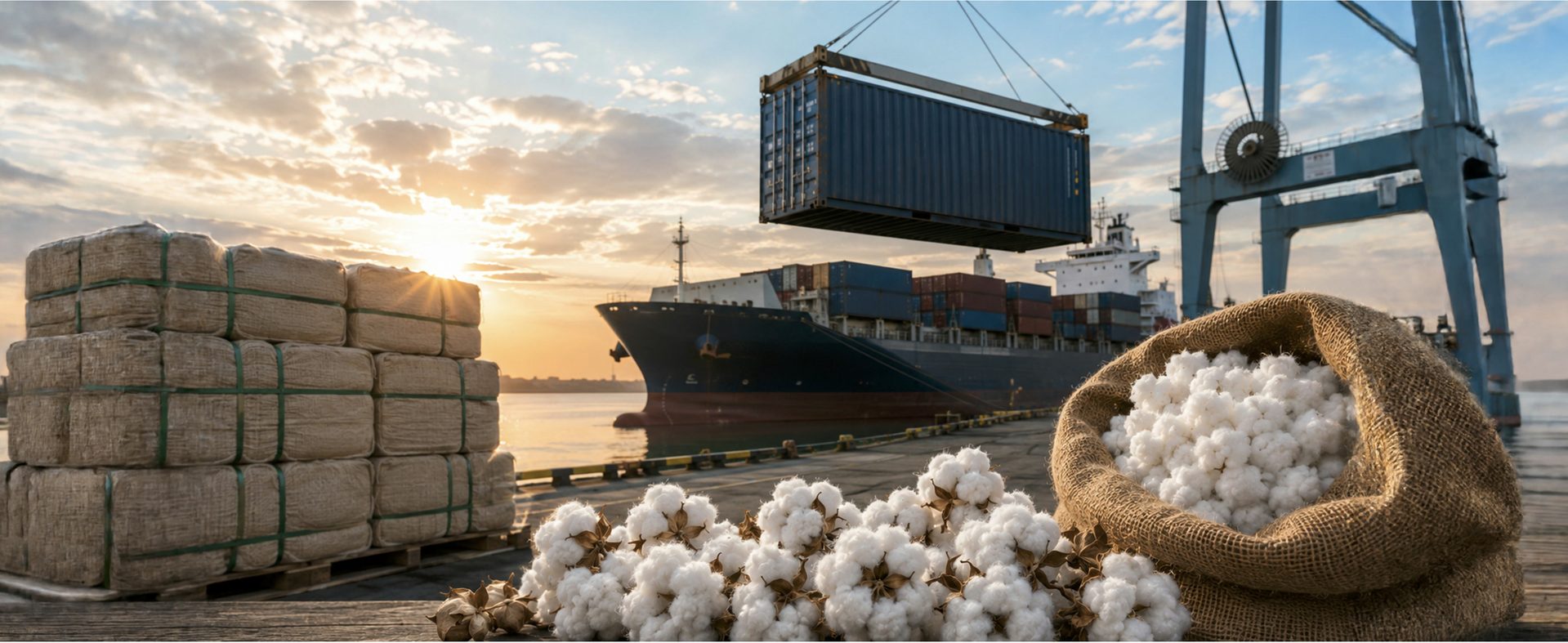 Cotton bales and loose cotton at a commercial port as a container is loaded onto a ship